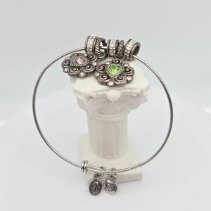 BRIGHTON Expandable Charm Bracelet Pink Green Crystals Ornate Silver Plate 8"